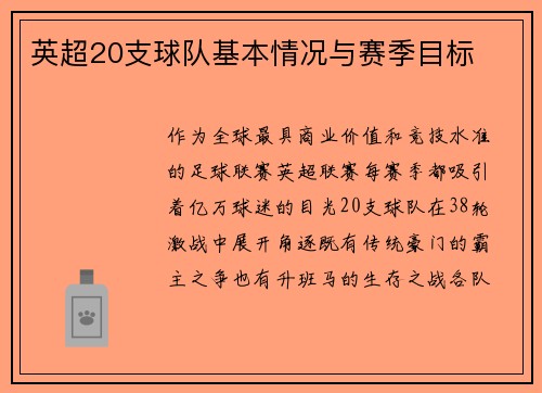 英超20支球队基本情况与赛季目标